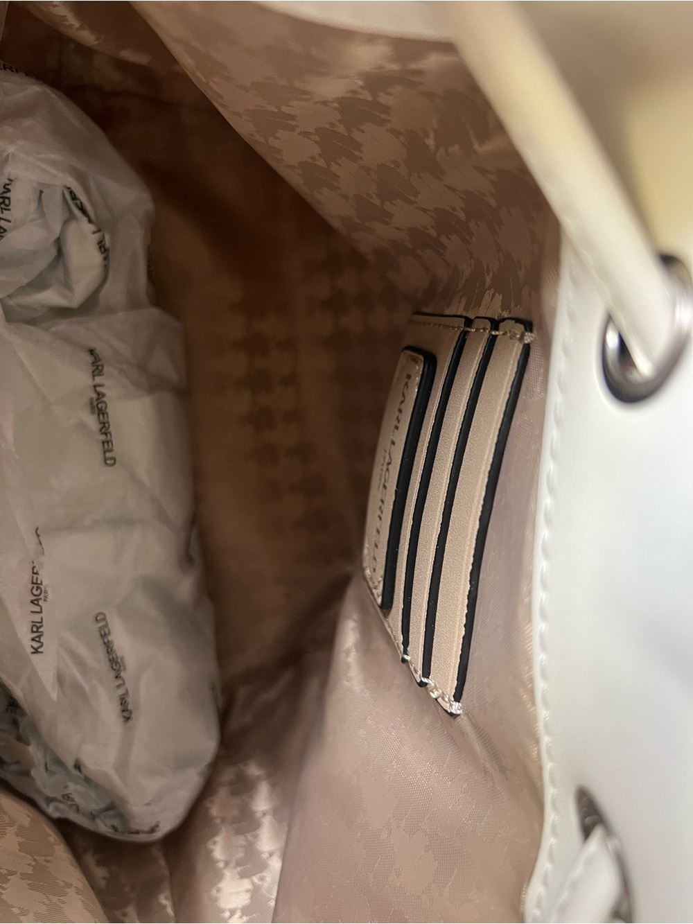 Karl Lagerfeld White Leather Drawstring Bucket Bag with Logo Strap - Picture 5 of 5